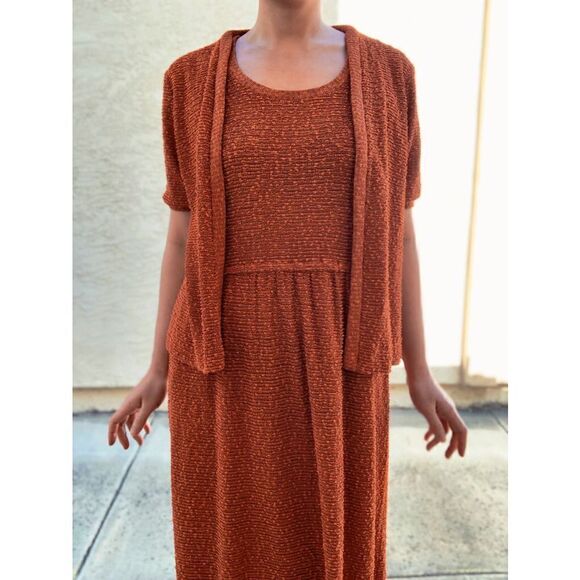 VTG 70s Jonathan Logan Ginger Brown Woven Midi Dress Cardigan Set USA Made 4/6 - Picture 5 of 10